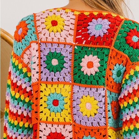 New Color! Bibi Handmade Vibrant Crochet Multicolor Cropped Cardigan Sweater - Picture 11 of 12